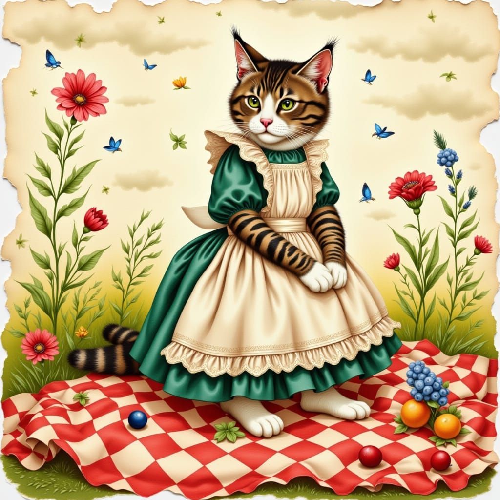 Whimsical Watercolor Cat at a Vintage Picnic
