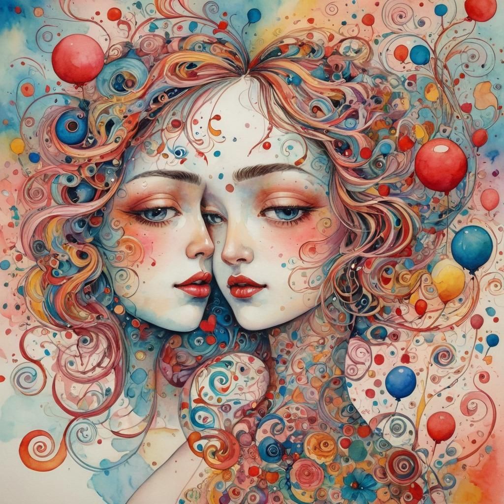 Surreal Watercolor Portrait of Love in a Wonderland