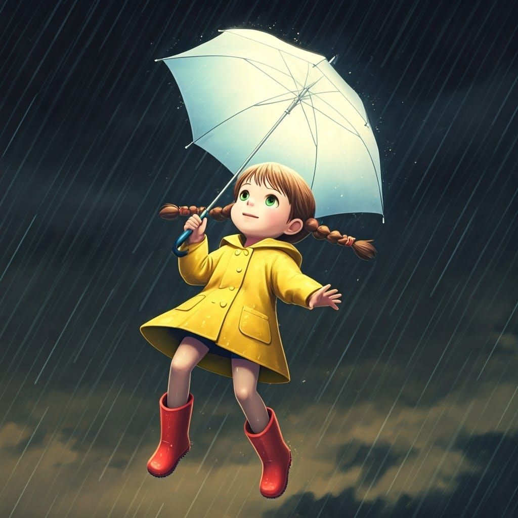 Whimsical Girl Soars Above Rainy Grey Skies