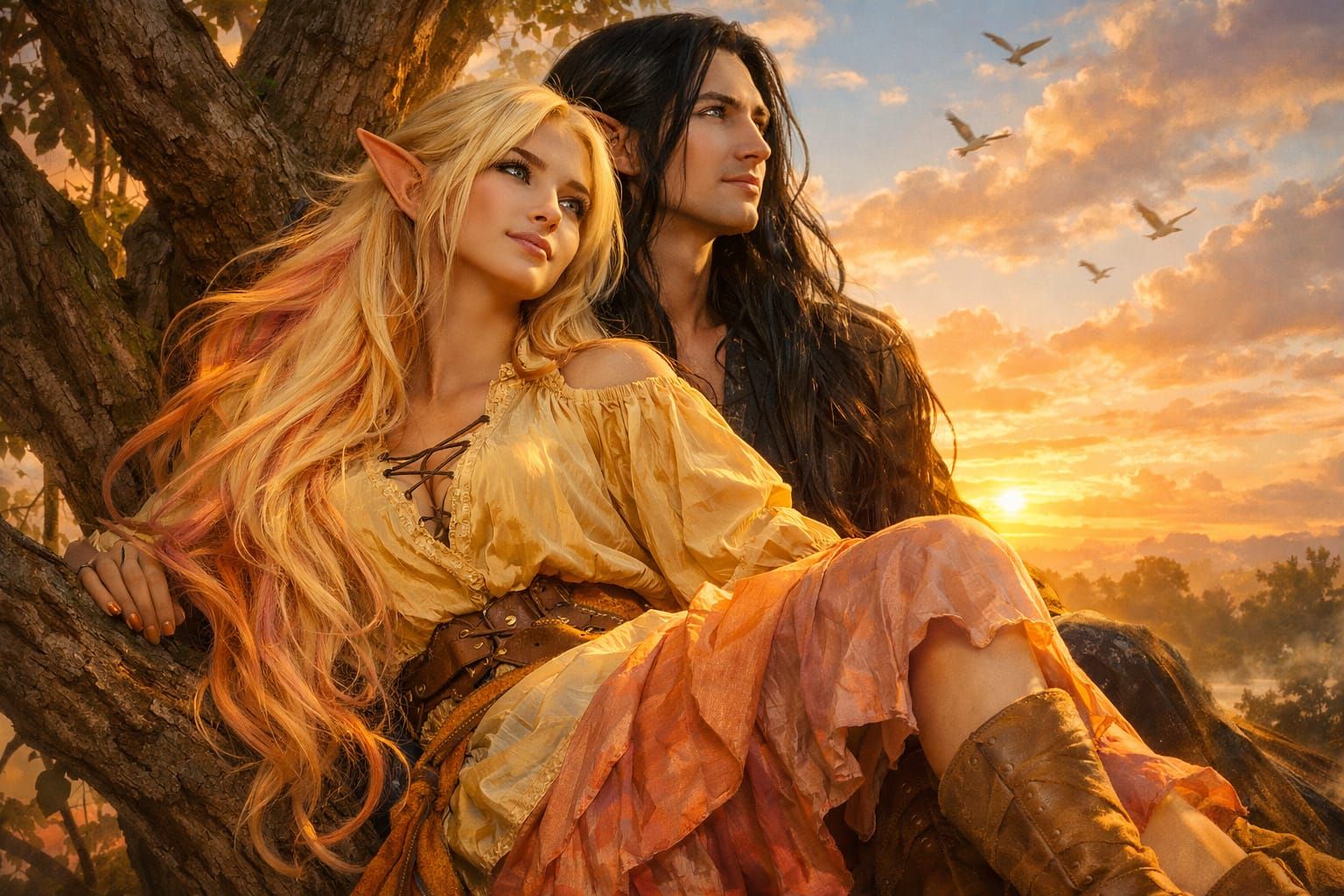 Fantasy Elven Couple Watching Sunrise in Tree