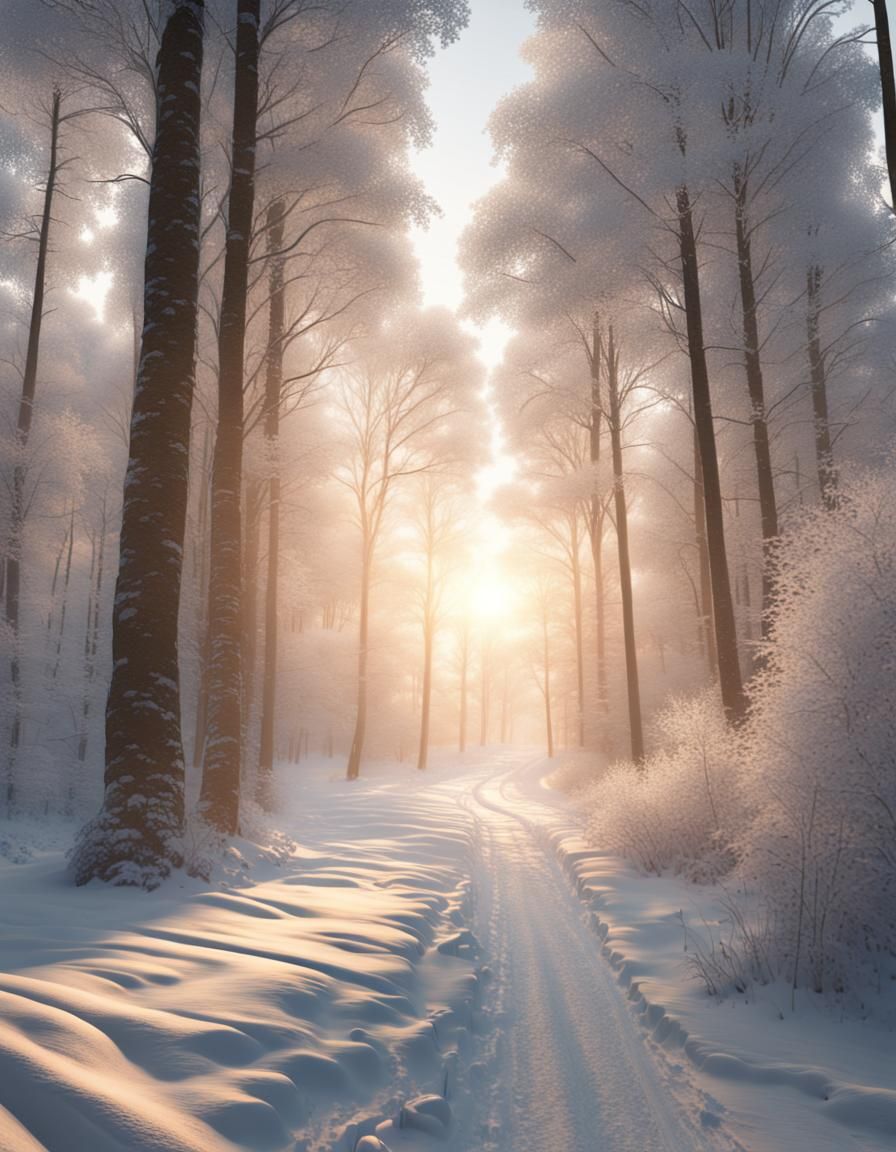 Sunrise Over Snow-Covered Road in Winter Forest