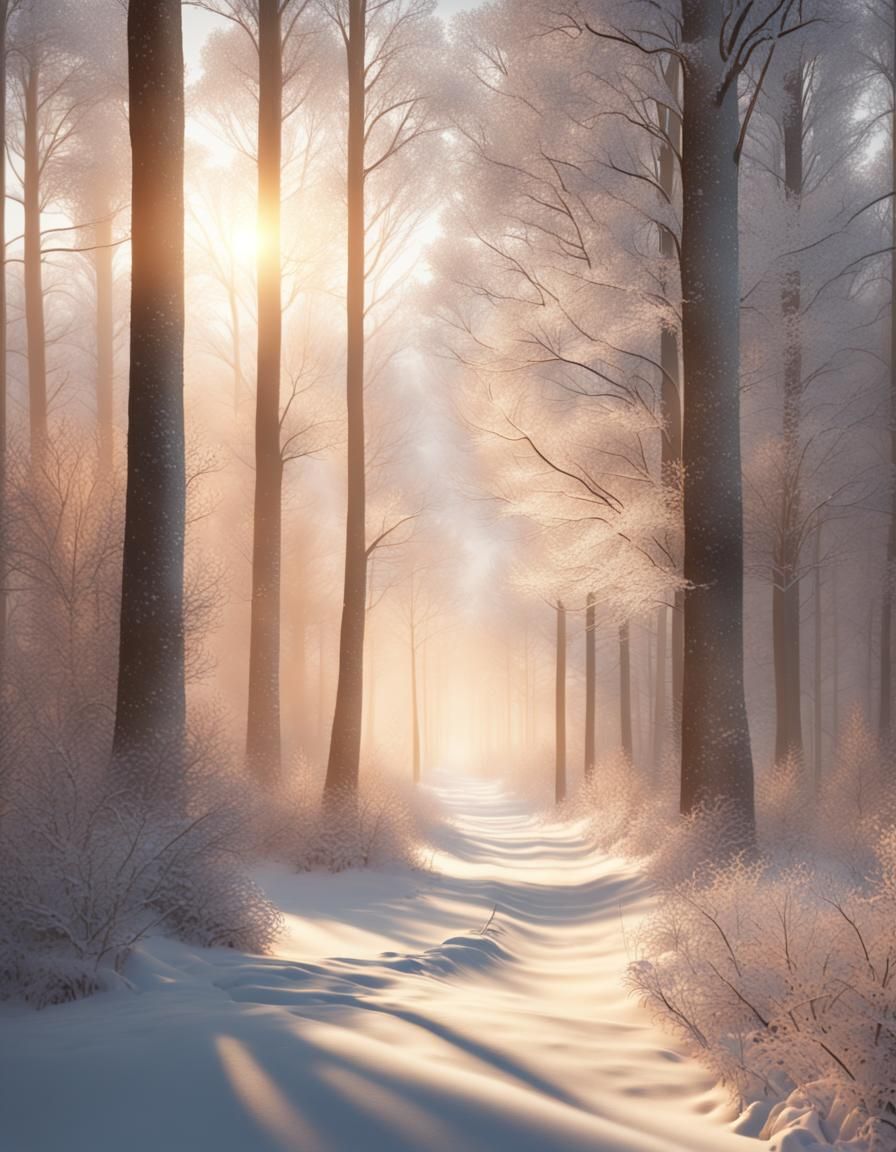 Snowy Forest Road at Sunrise in Hyperrealism