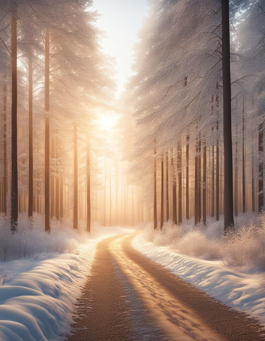 Snowy Forest Road at Sunrise in 8k