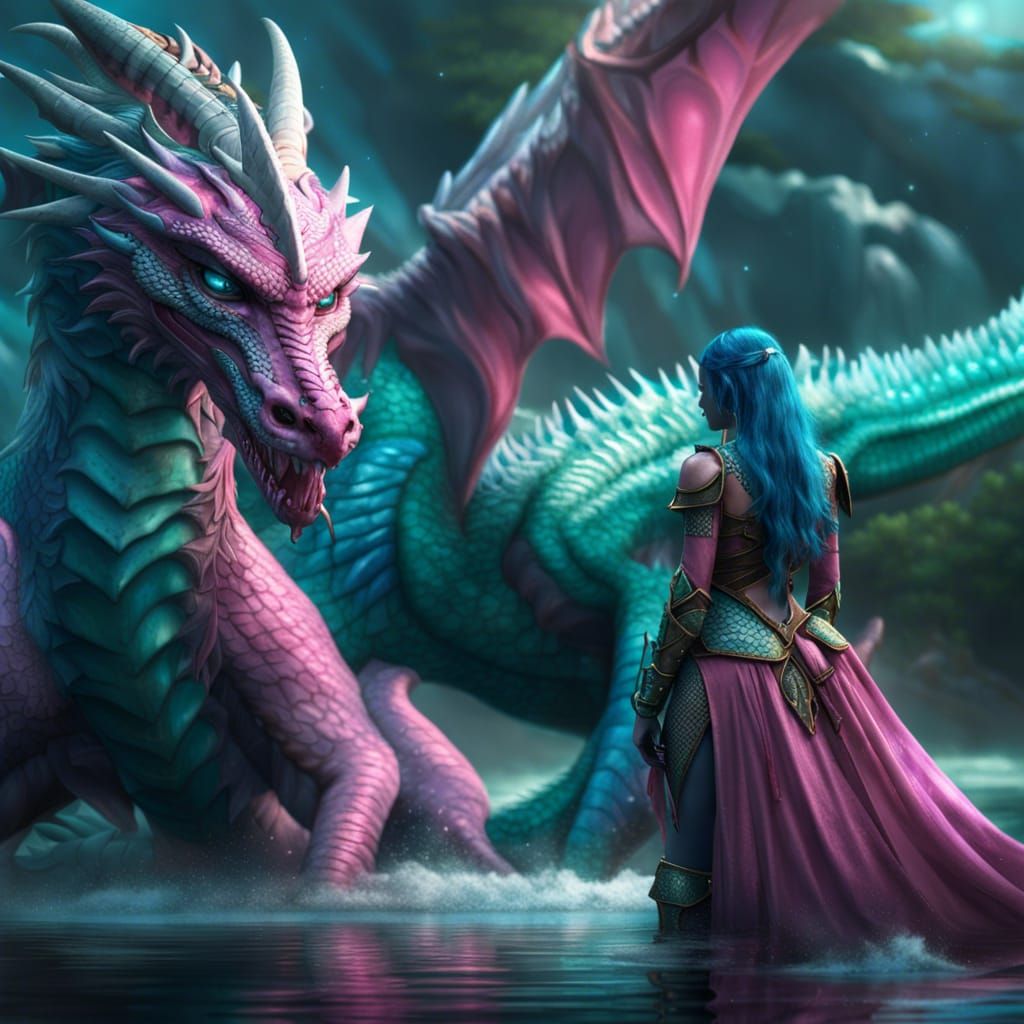 Woman and Dragon in Teal and Pink: Digital Matte Painting