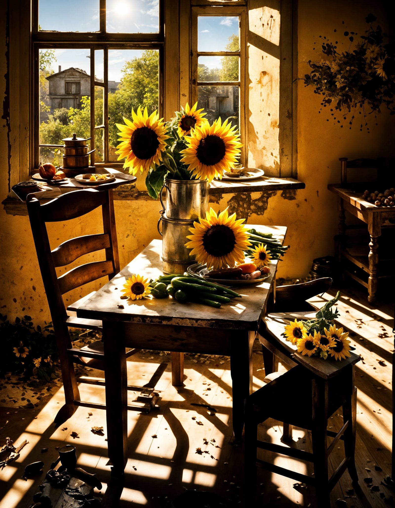 Sunflowers on Butcher Table in Magical Realism Style