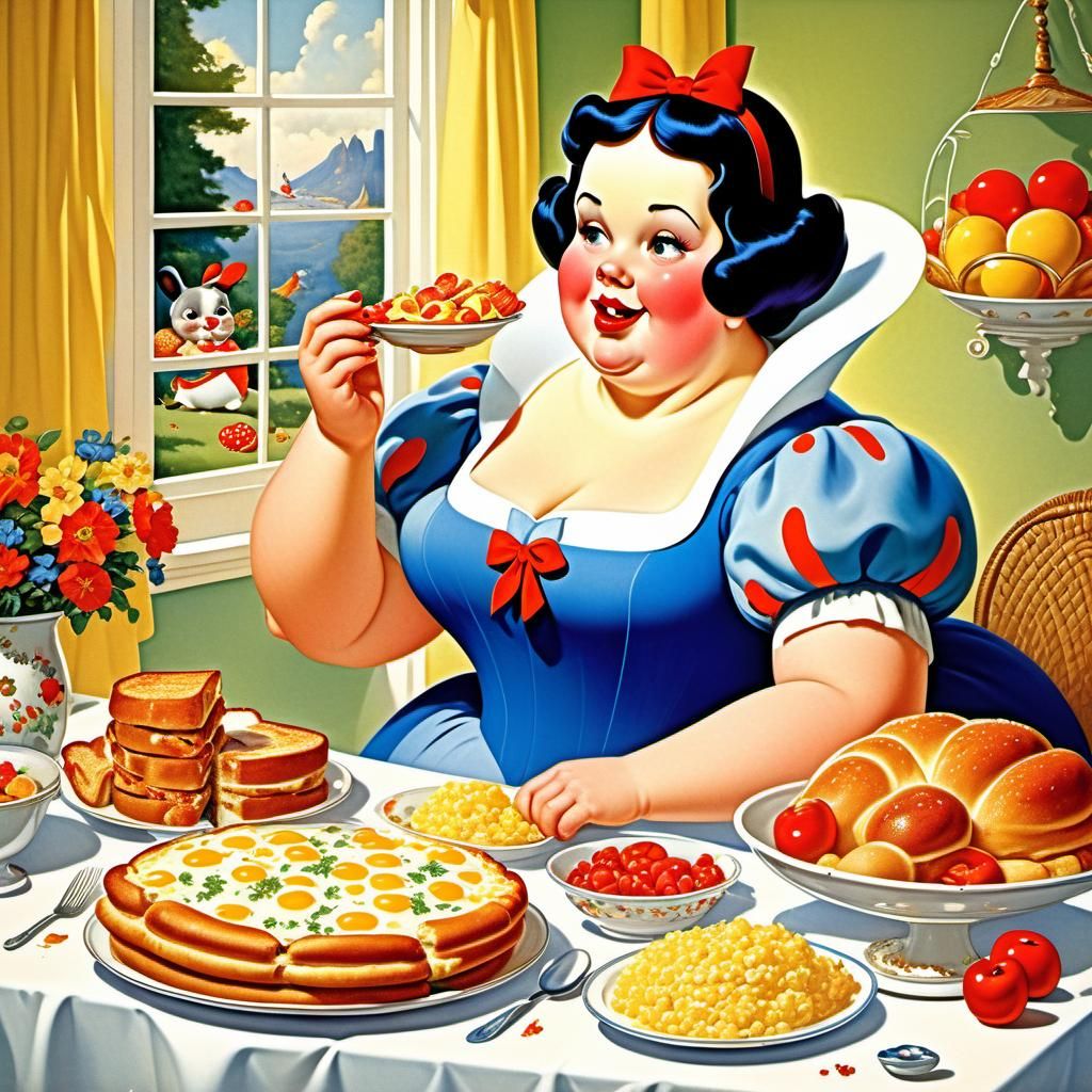 Obese Snow White Enjoying a Big Breakfast