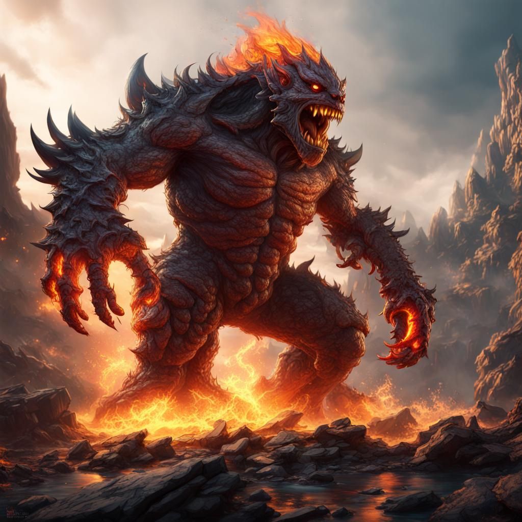 Rock Monster Fighting Fire: Detailed Matte Painting