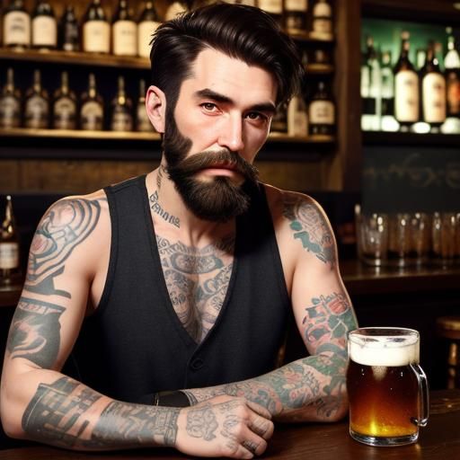 Festive Pub Scene with Man, Girl, and Holiday Cheer