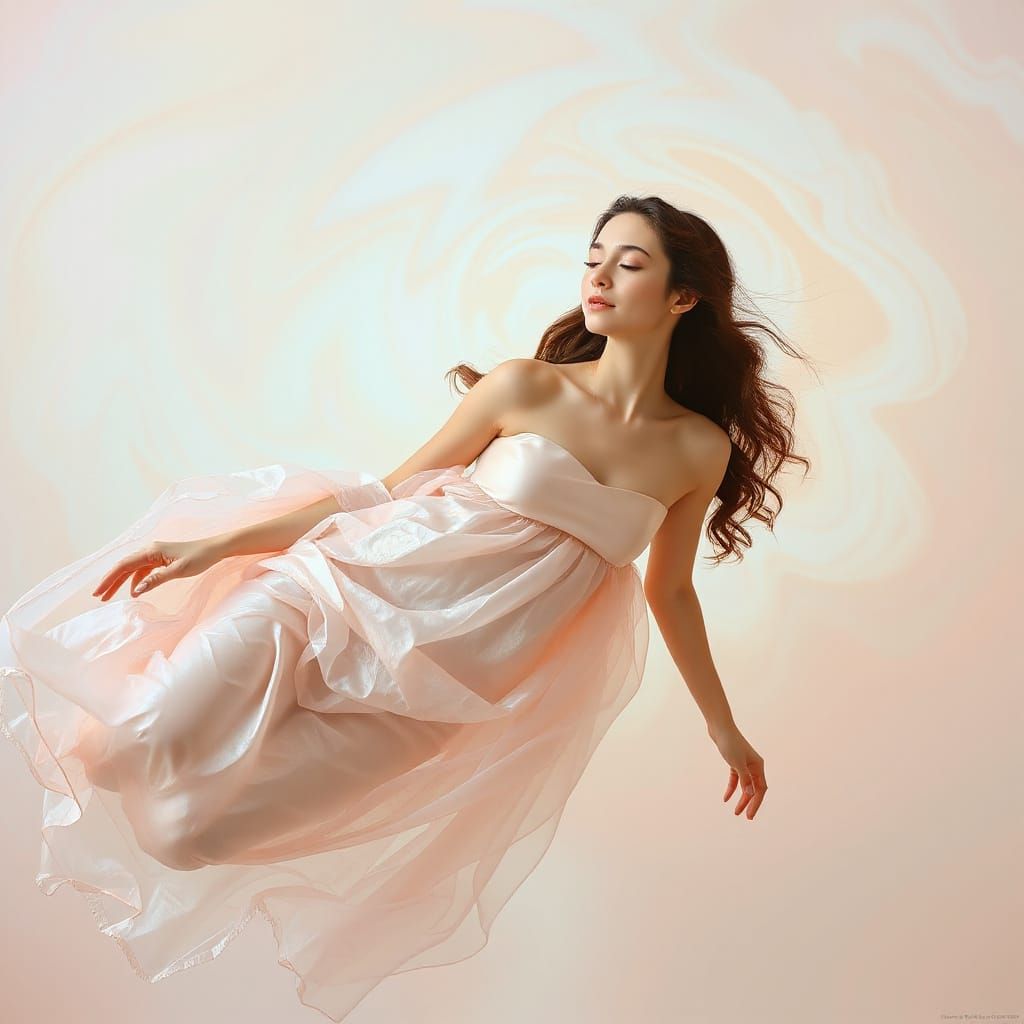 Ethereal Woman Floats in a Dreamlike Expanse