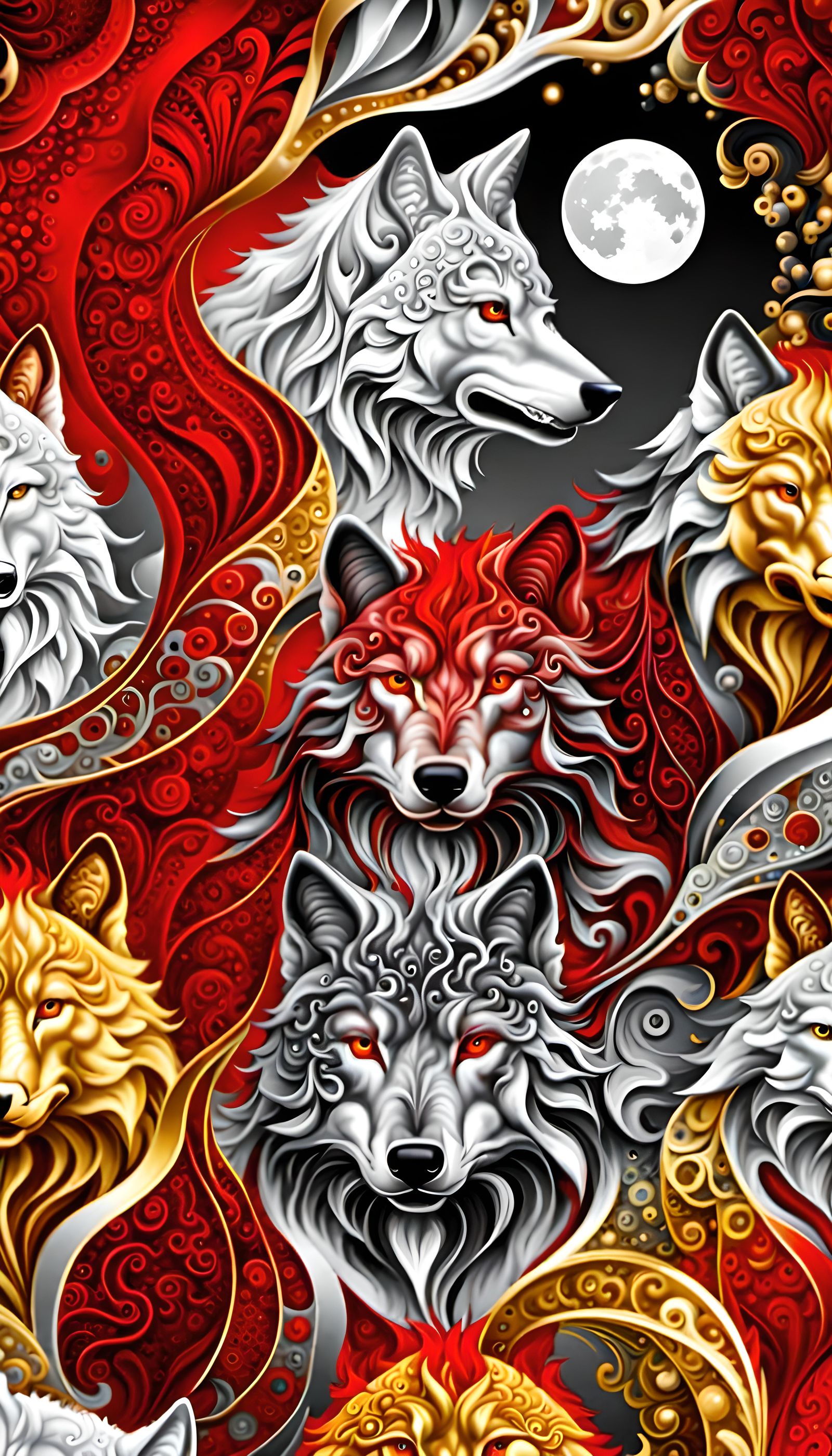 Silver and Gold Wolf Howling at Moon, Abstract Fractal