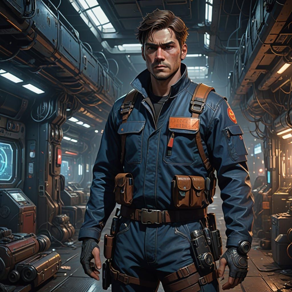 Gritty Space Smuggler in a Futuristic Docking Bay