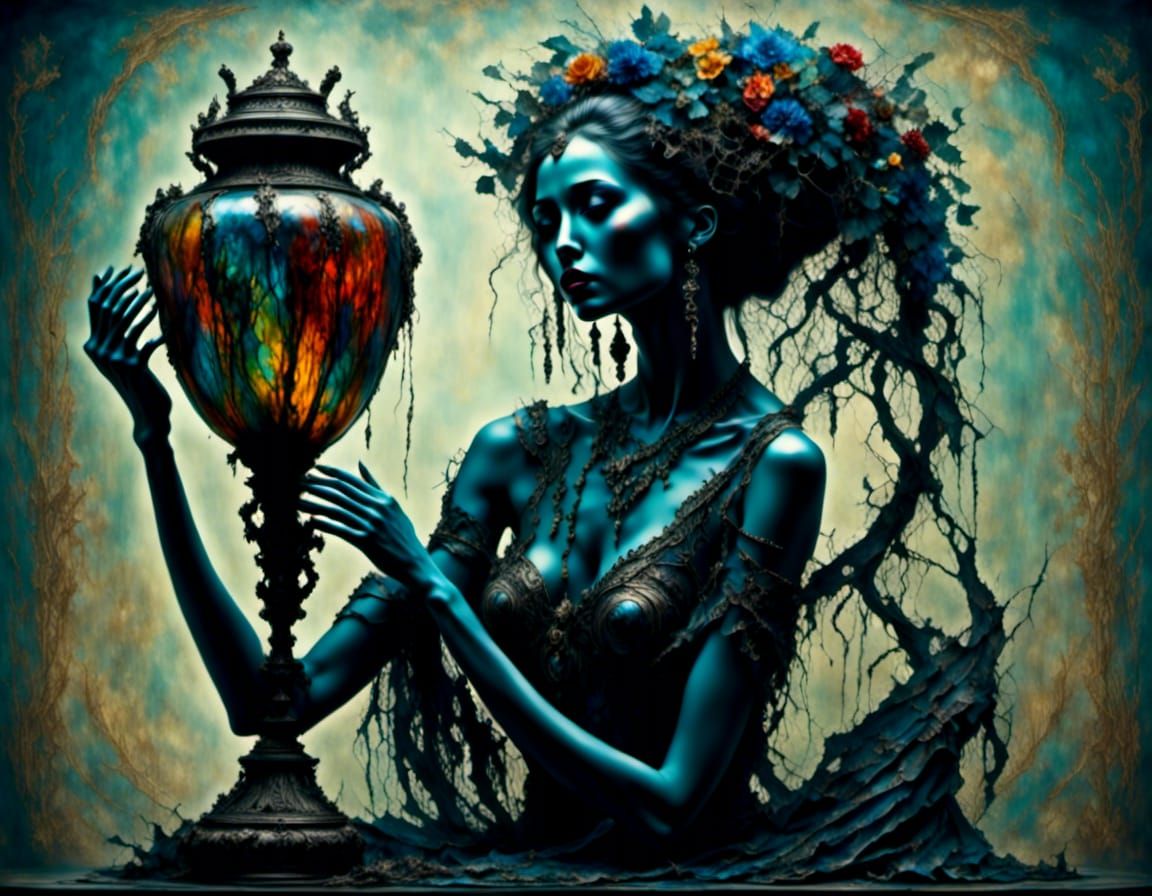 Pandora with Empty Vase: Hyperrealistic Dark Fantasy Portrai...