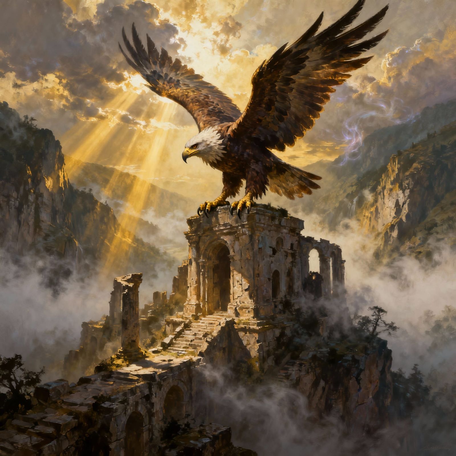 Majestic Griffon on Ancient Ruin in Misty Valley