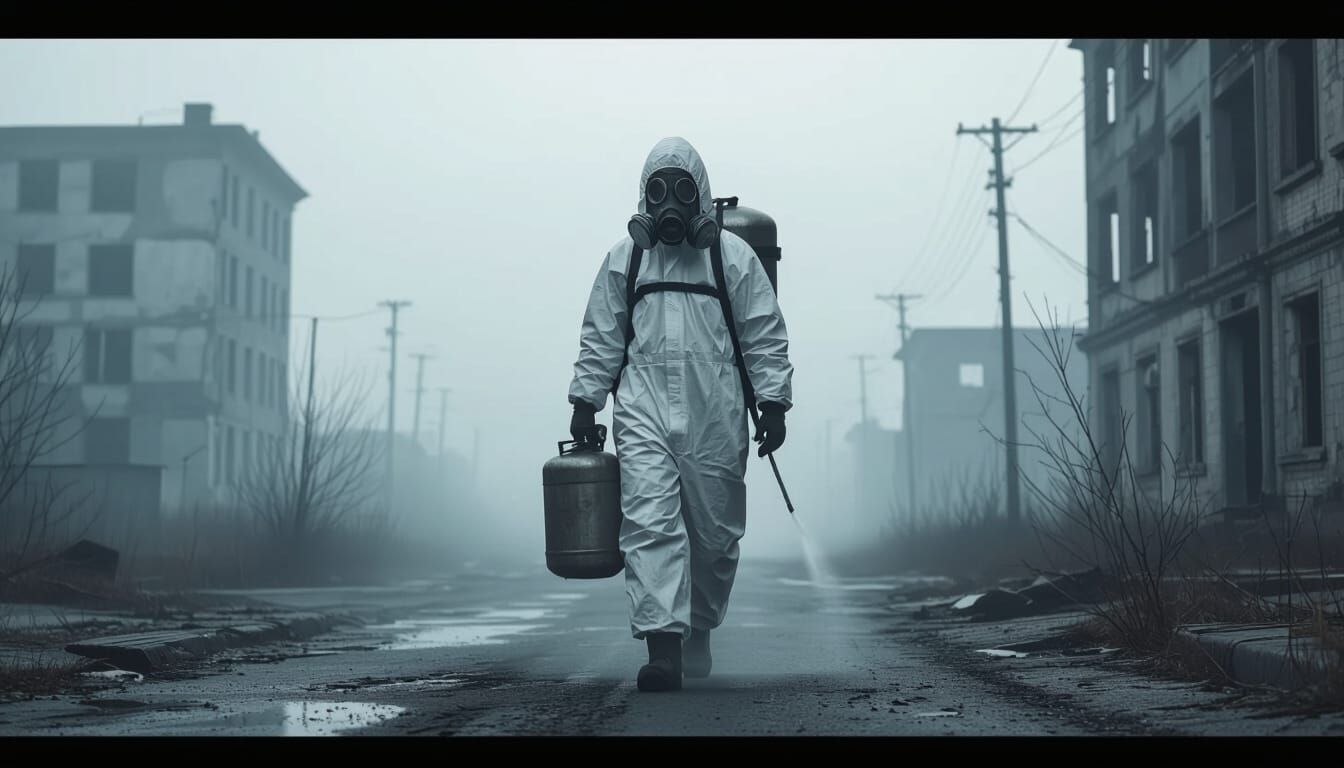 Lone Figure in Foggy Cityscape with Hazmat Suit