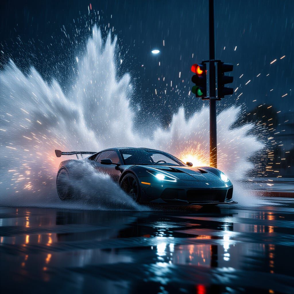 Sports Car Crash in Rainy Cityscape
