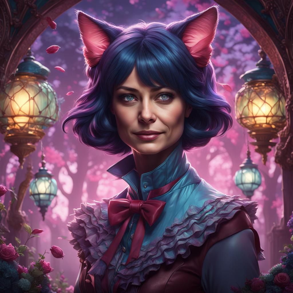 Catwoman and Cheshire Cat Portrait in Wonderland