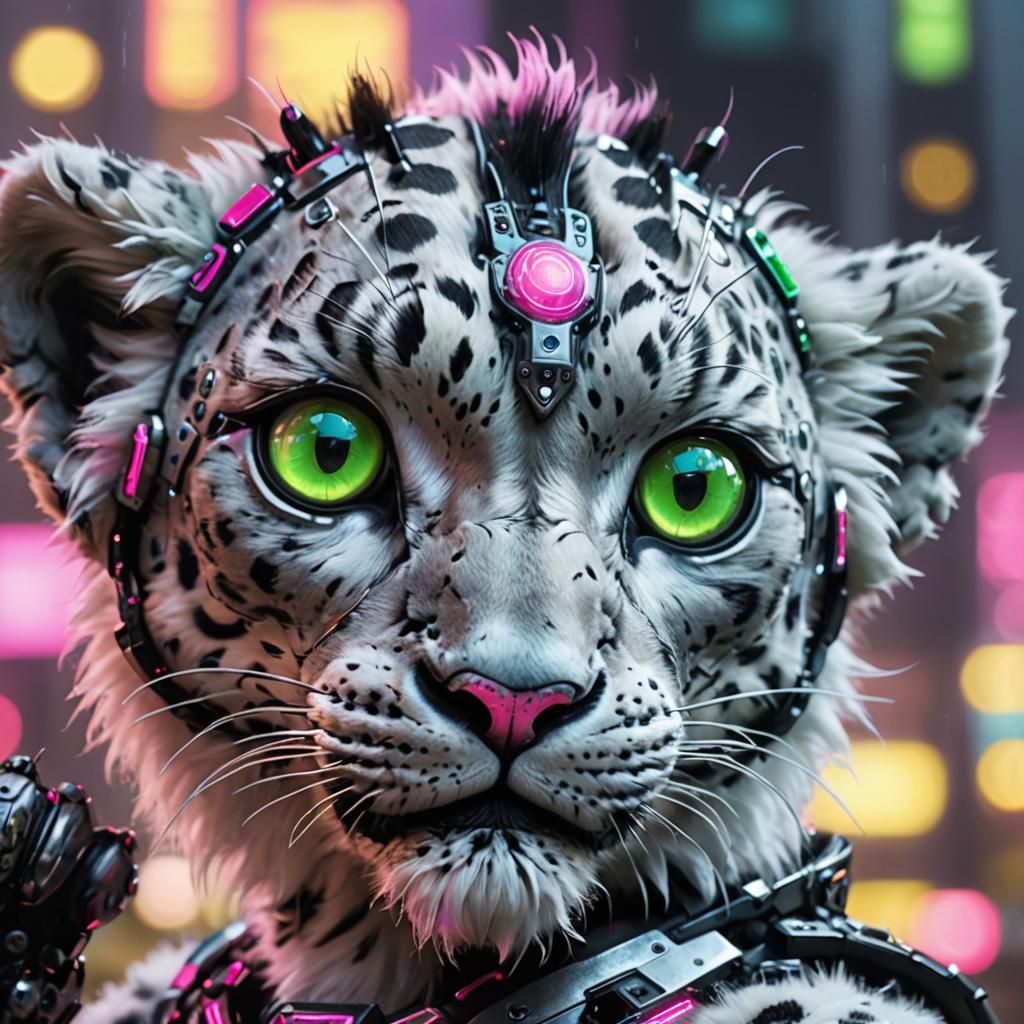 Cyborg Snow Leopard in Neon Cityscape