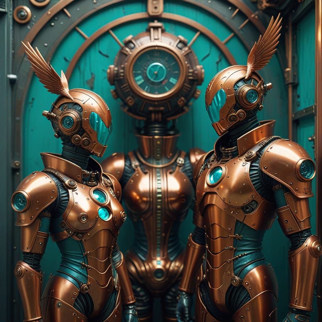 Steampunk Birds Kiss in Retro-Futuristic Palace