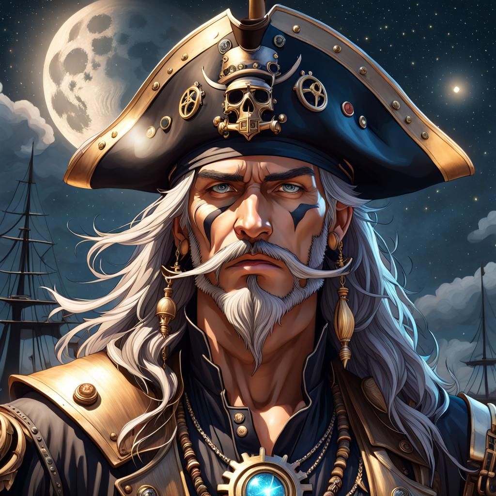 Steampunk Pirate Under Starry Night Sky