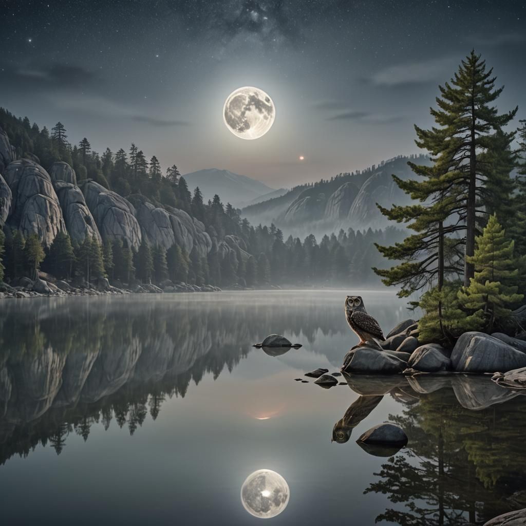 Owl Reaching for Moon Reflection: Photographic Masterpiece