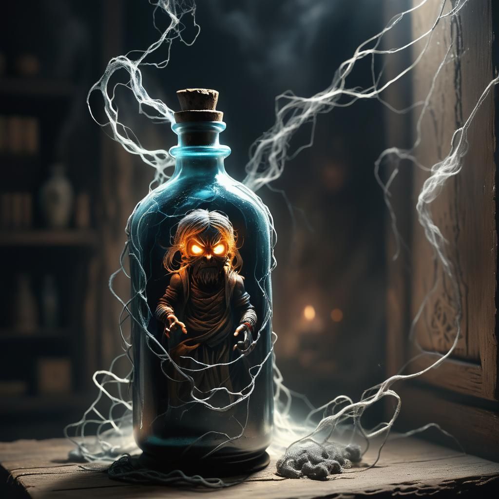 Haunted Jinn Trapped in Ancient Bottle: Dark Fantasy