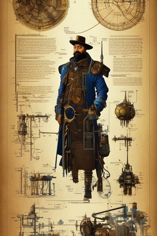 Steampunk Man Schematic Diagram in Oil Blueprint Style
