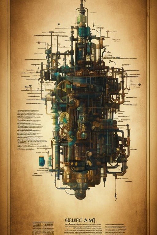 Steampunk Man Schematic Diagram in Da Vinci Style