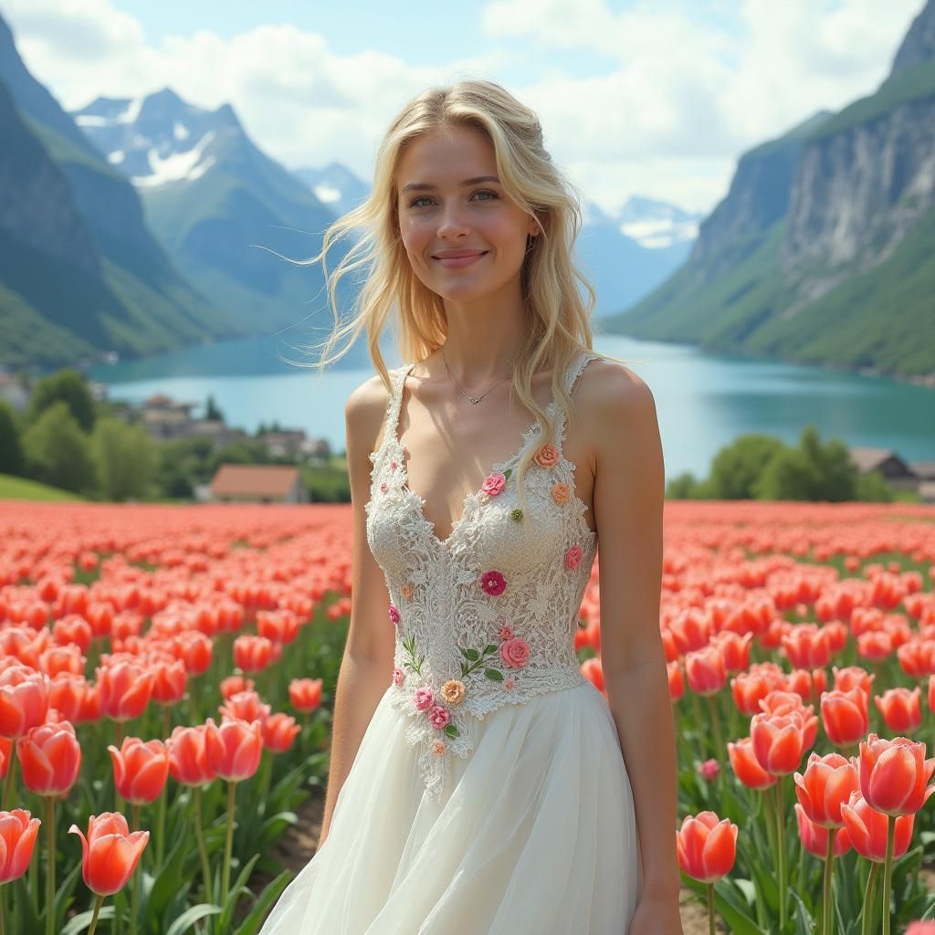 Woman in Tulip Field with Fjords, Ethereal Style