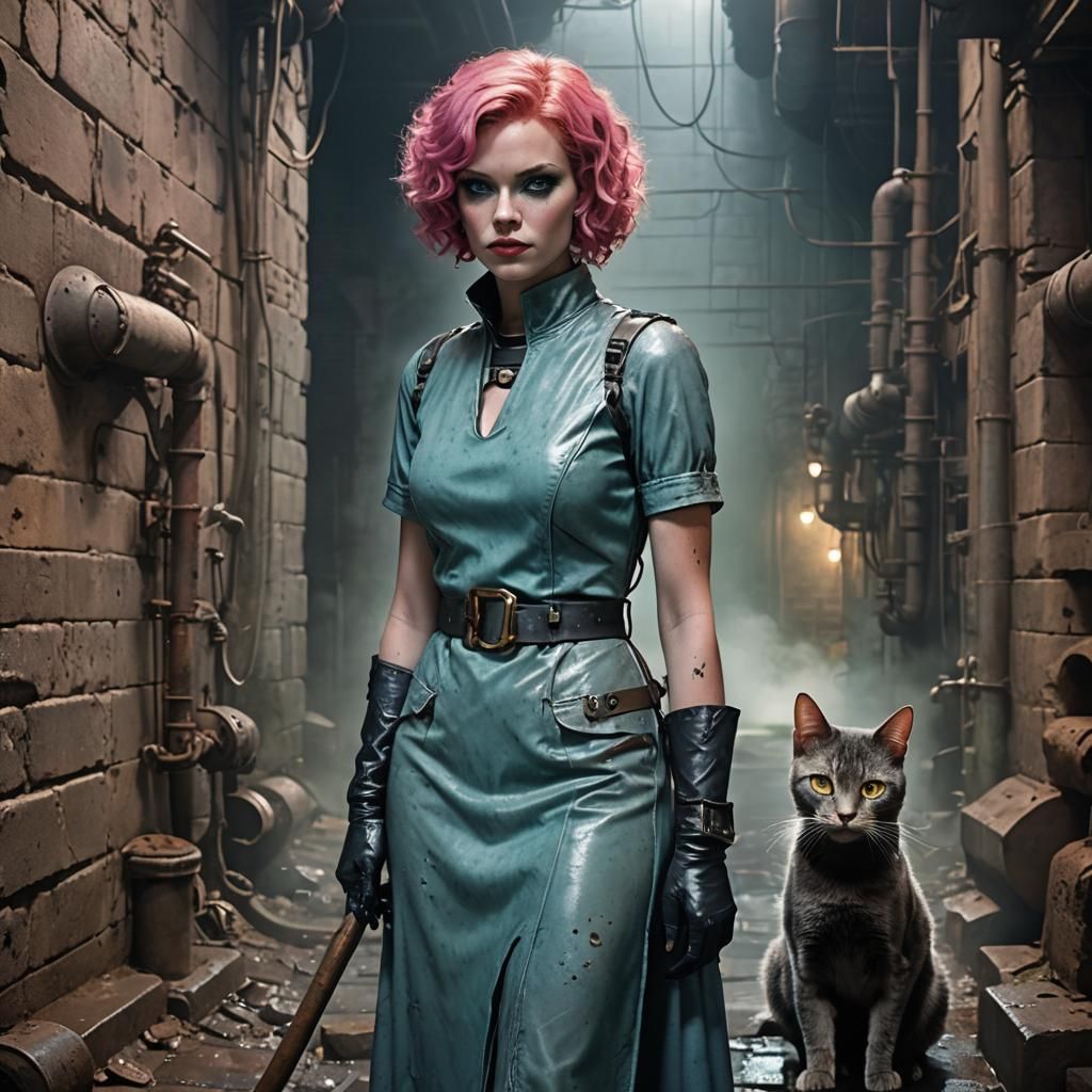Pink Haired Woman in Sewer, Industrial Futurism
