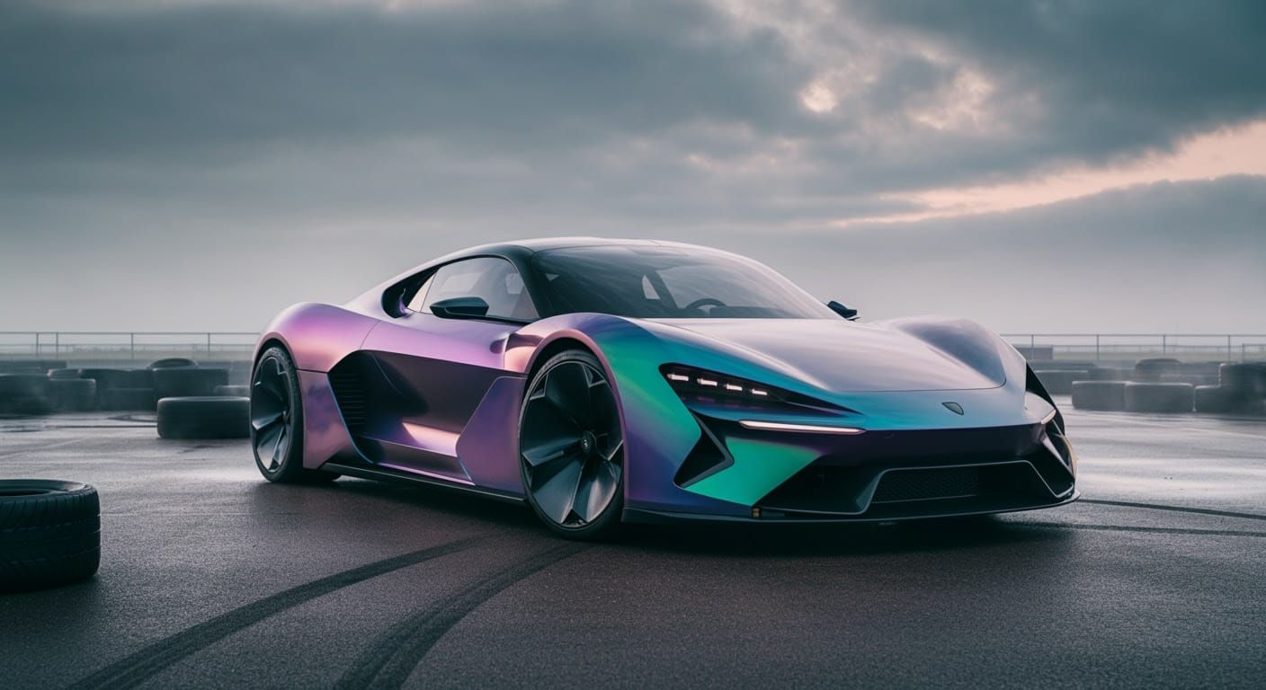 Futuristic 2028 Electric Coupe in Shimmering Purple
