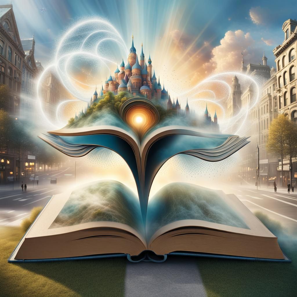 giant book, city, crossroads