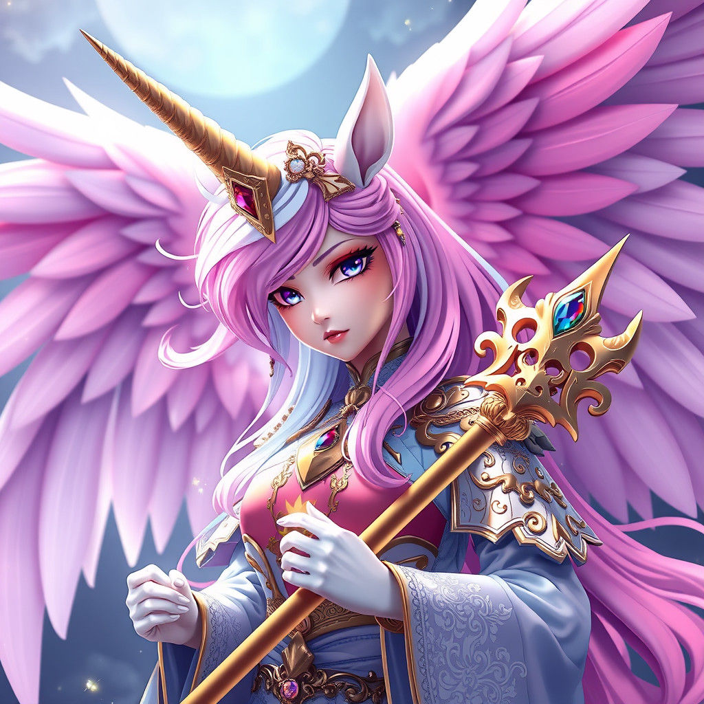 Regal Unicorn Girl with Wings in Anime Style