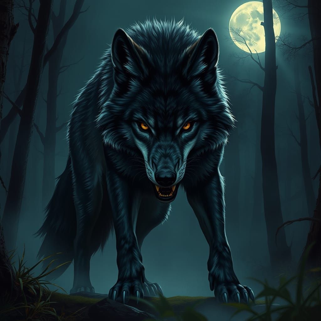 Imposing Tasmanian Wolf in Dark Forest, Rutkowski Style
