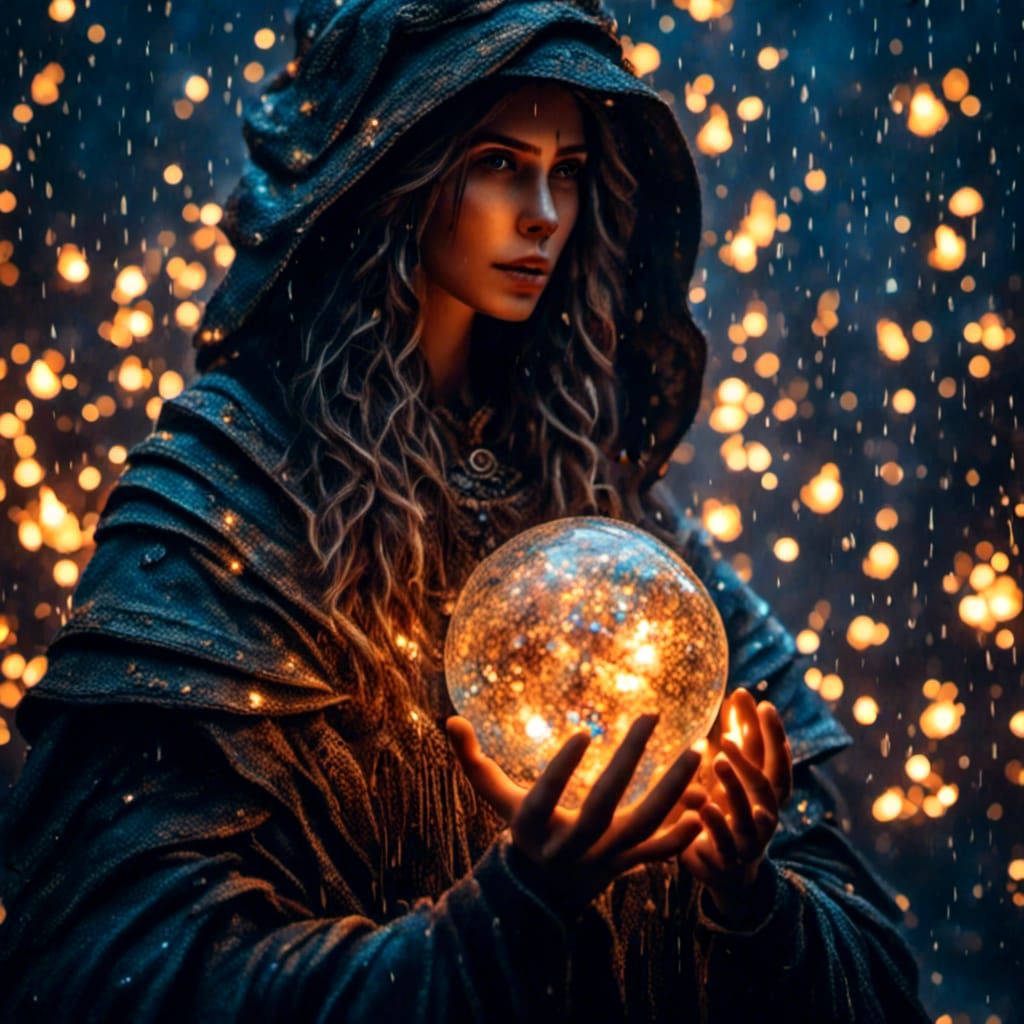 Beautiful Witch with Orb in Rain, Dark Fantasy Art