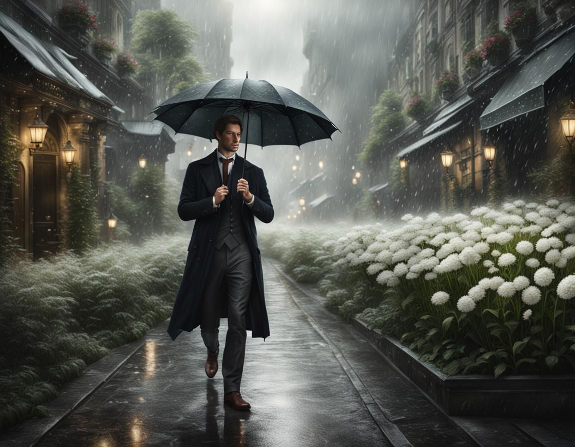 Young Man Shields Flower from Rain: Digital Painting