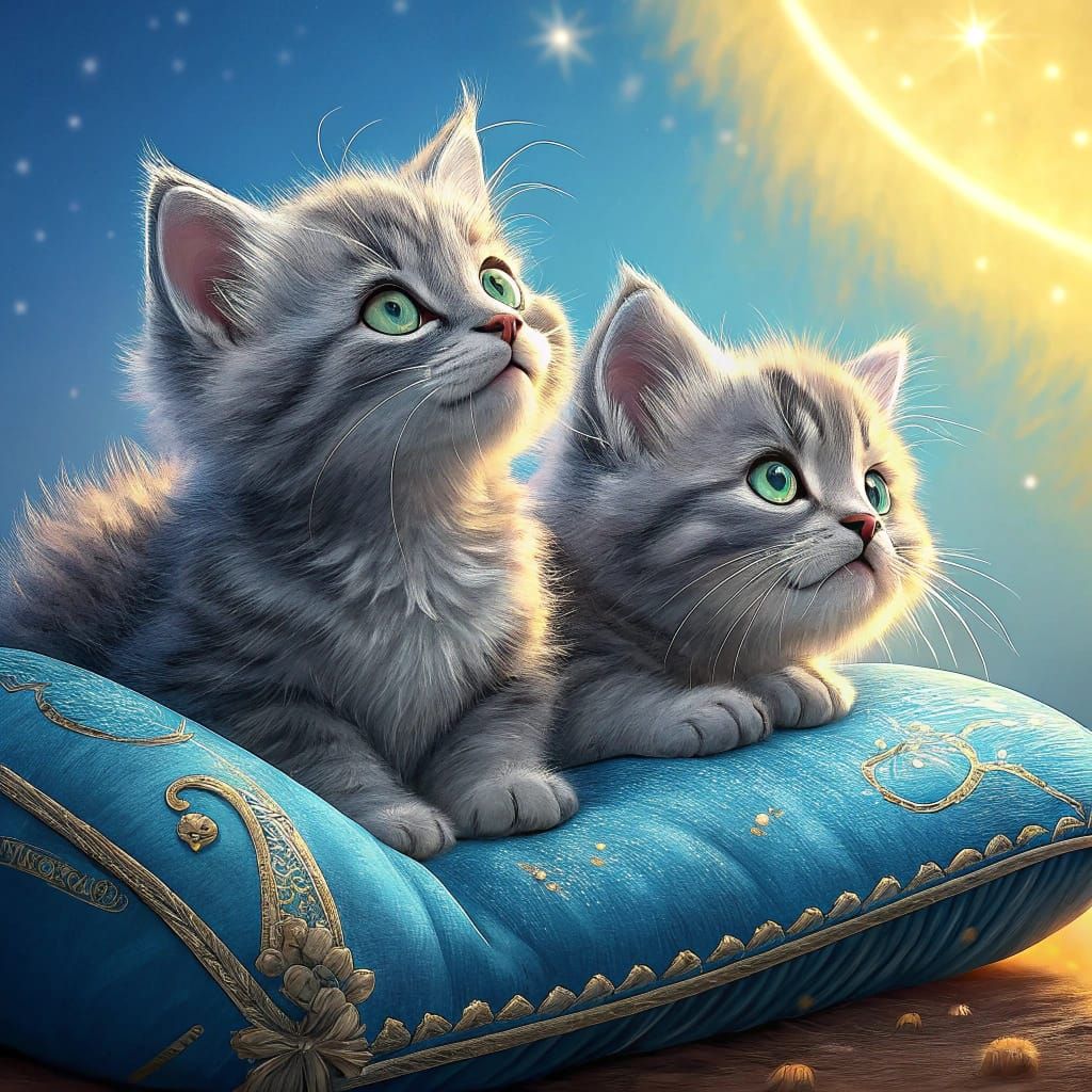 Gray Tabby Kittens on Blue Pillow, 3D Digital Art