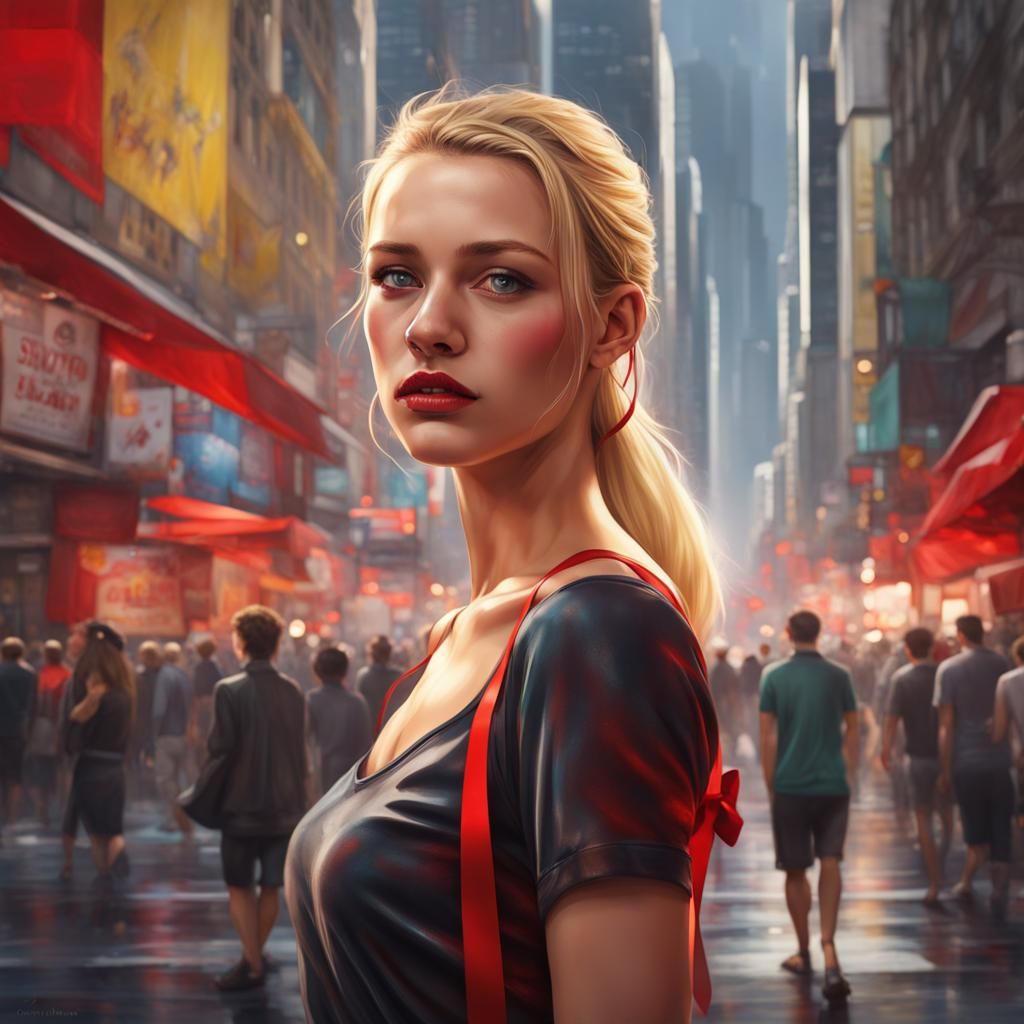 Blonde Girl in City Street: Hyperrealistic Splash Art