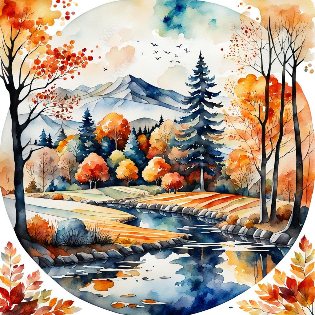 Autumnal Landscape in Watercolor Collage Style