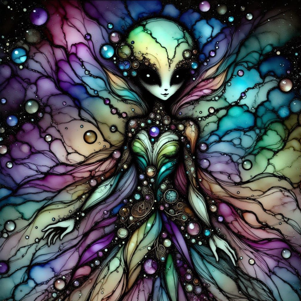 Glamorous Alien in Shimmering Void Chic Attire