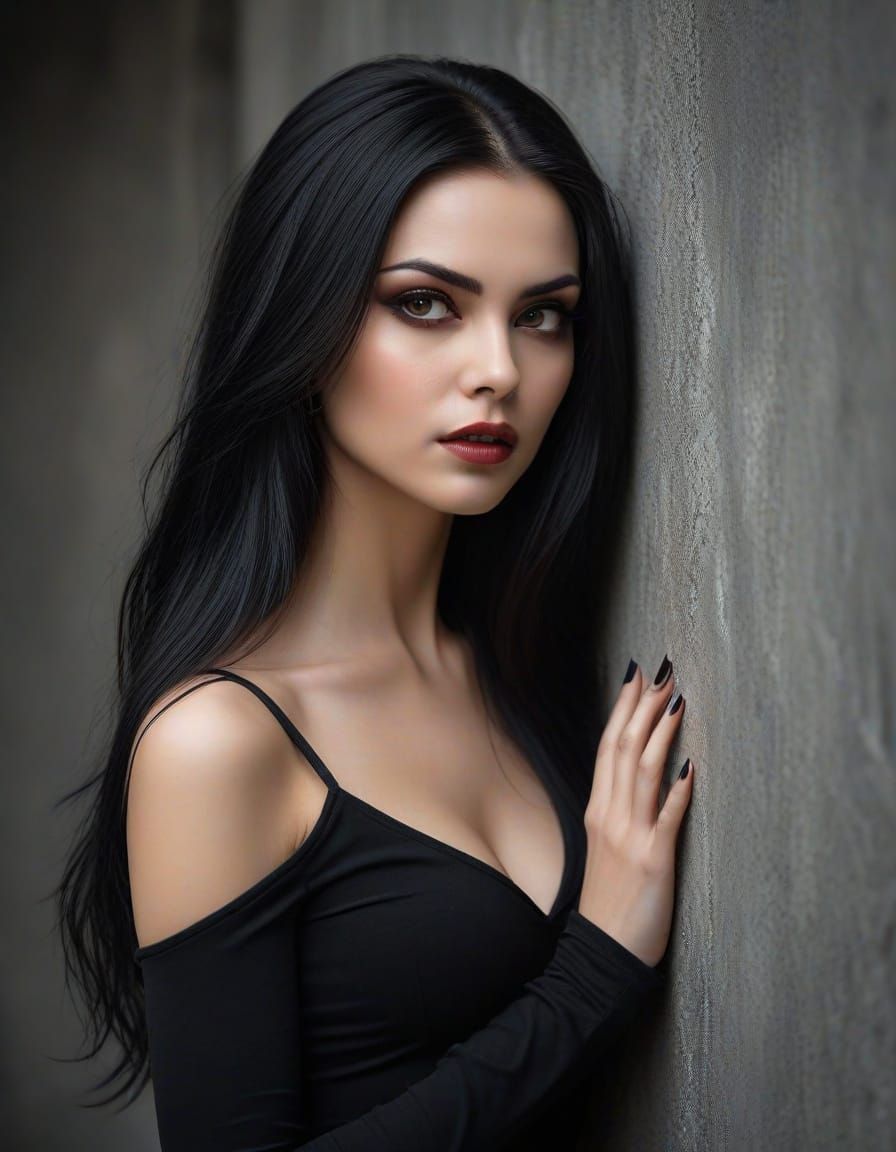 Portrait of a female vampire peeks around a grey wall.