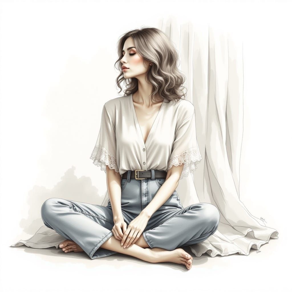 Contemplative Woman in Watercolor Sketch Style