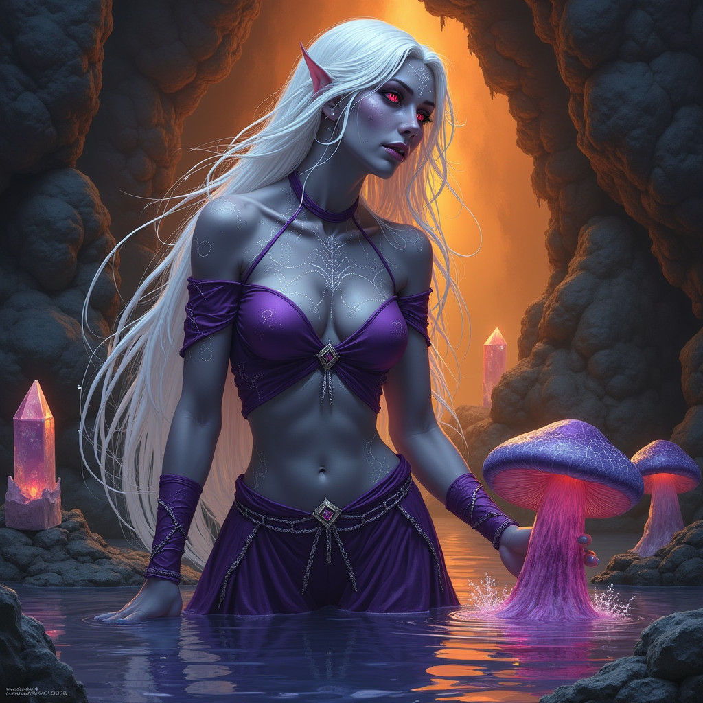 Drow Female in Underdark with Spiderweb Attire