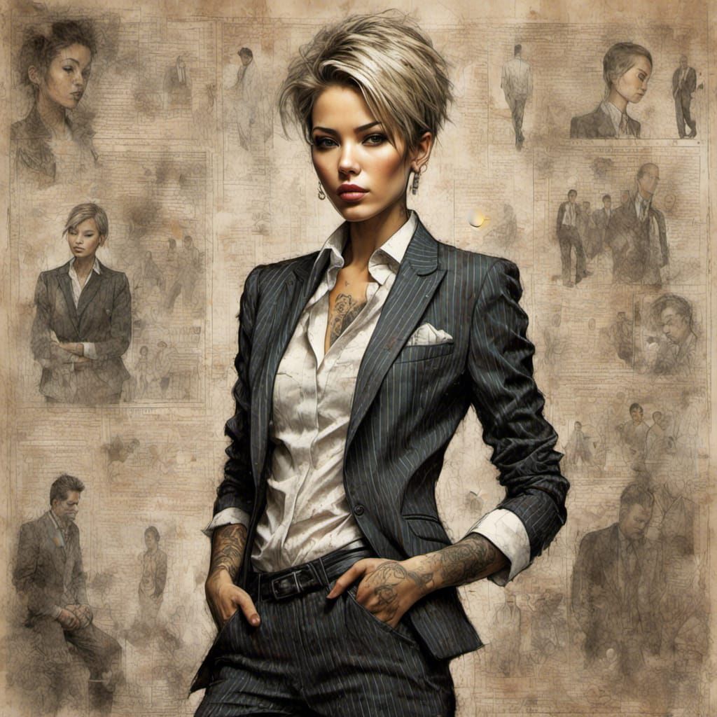 Businesswoman in Pinstripes with Grunge Style