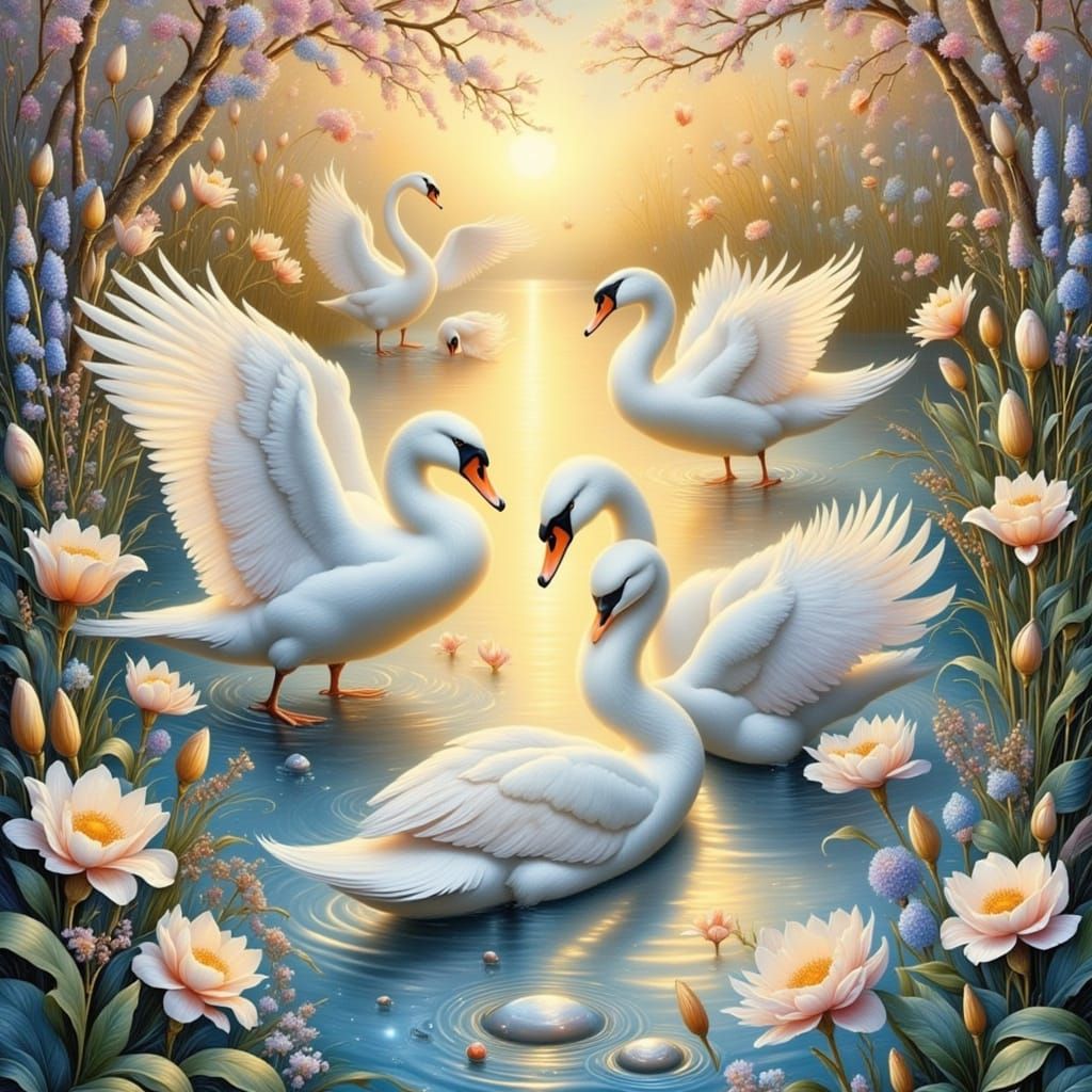Elegant Swans Glide on Dawn River in Dreamlike Style