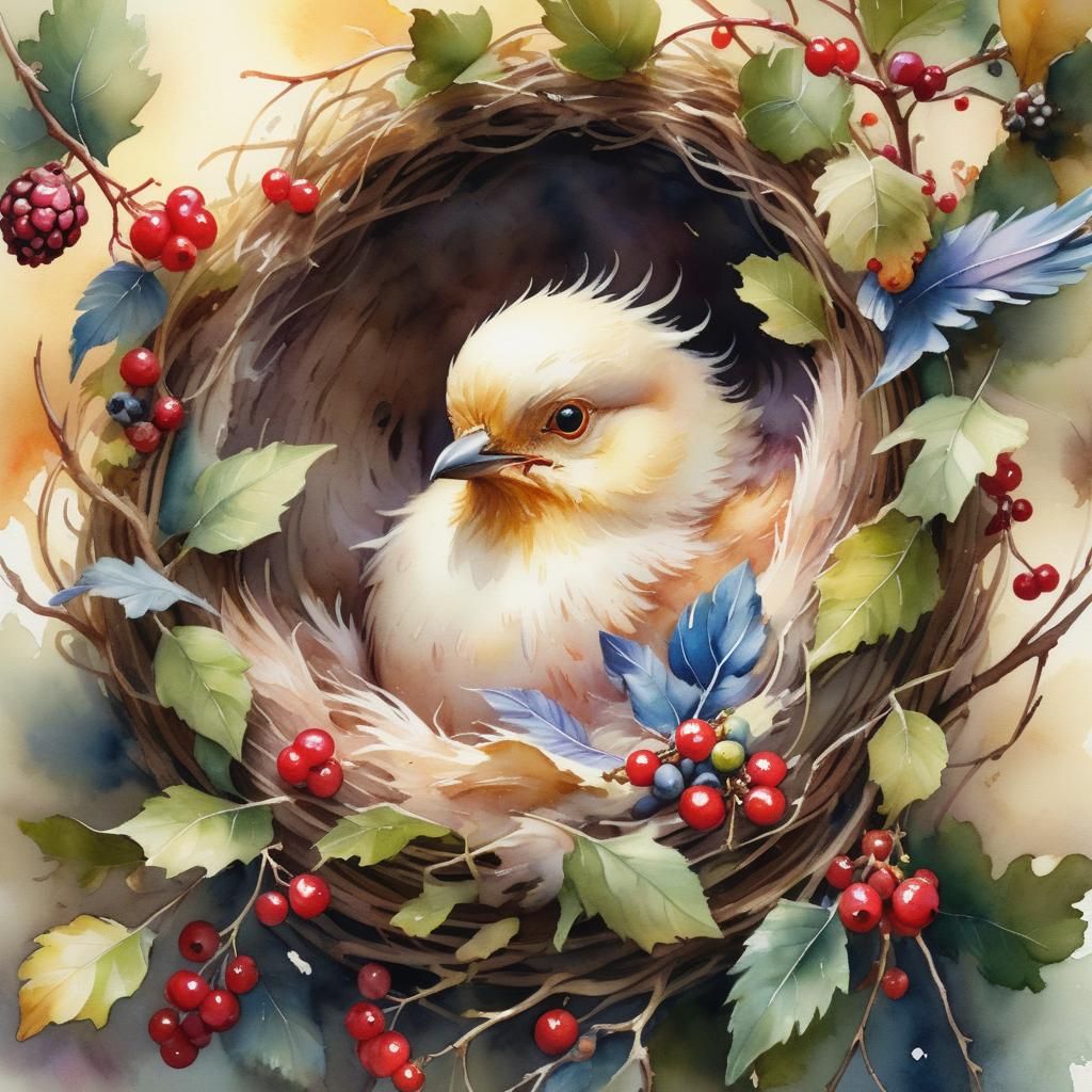 Vibrant Bird Soaring to Nest with Egg