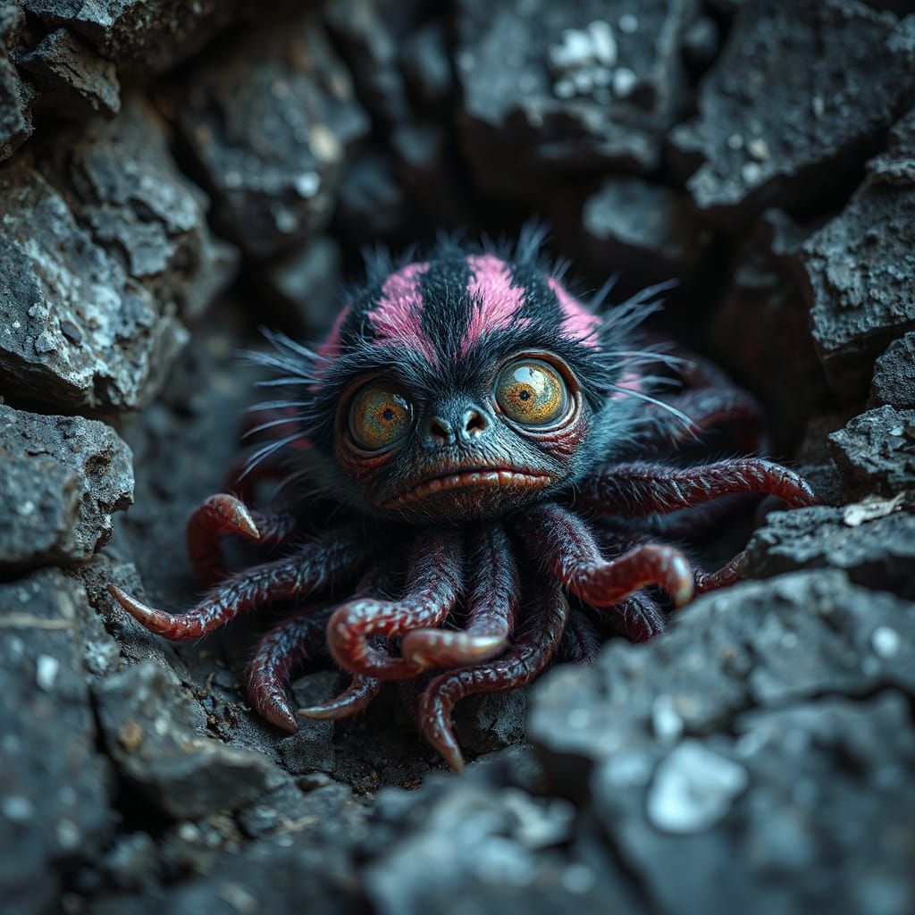 Creepy Cute Tiny Creature with Neon Tentacles in Rock Fissur...