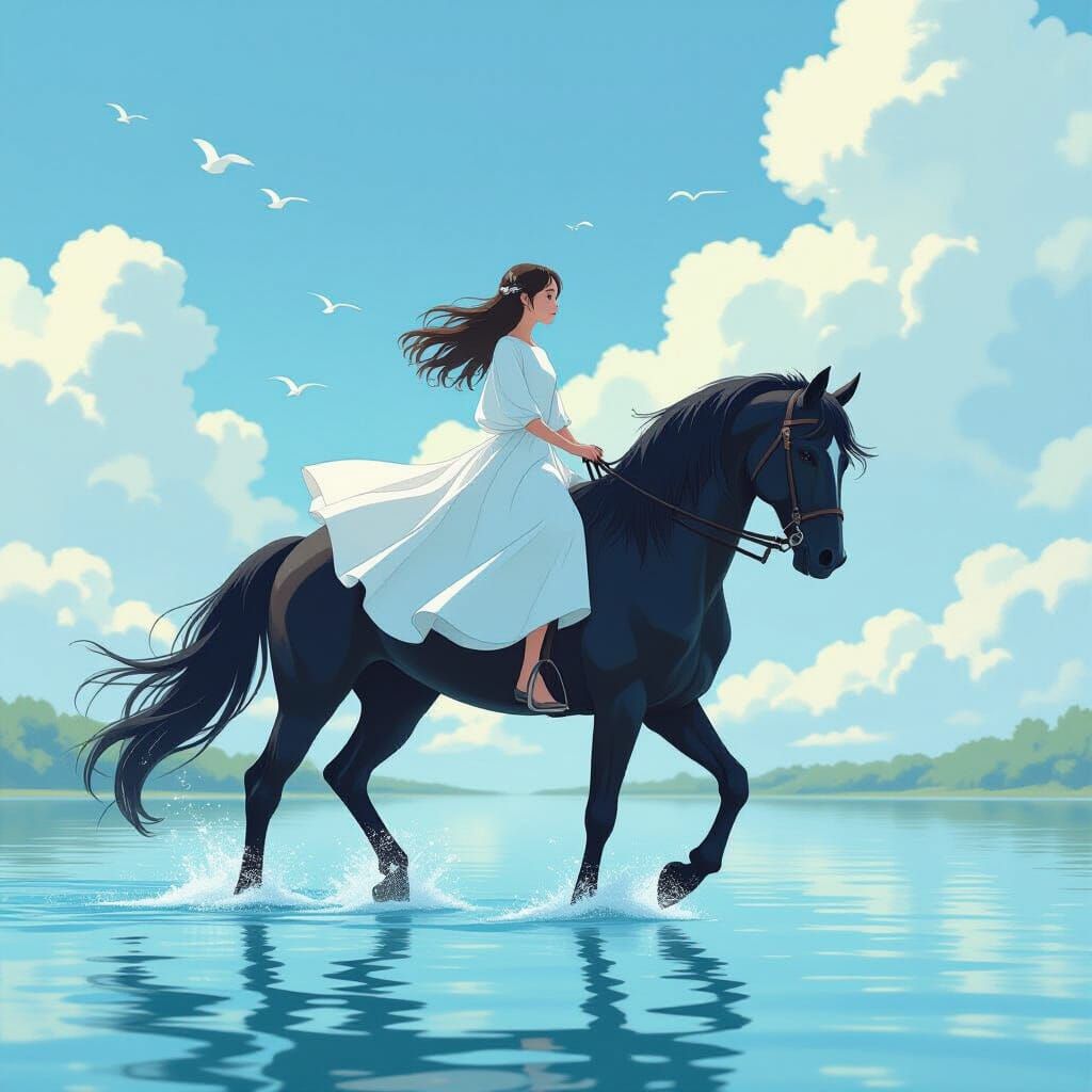 Girl and Black Stallion Walking on Water, Fantasy Art