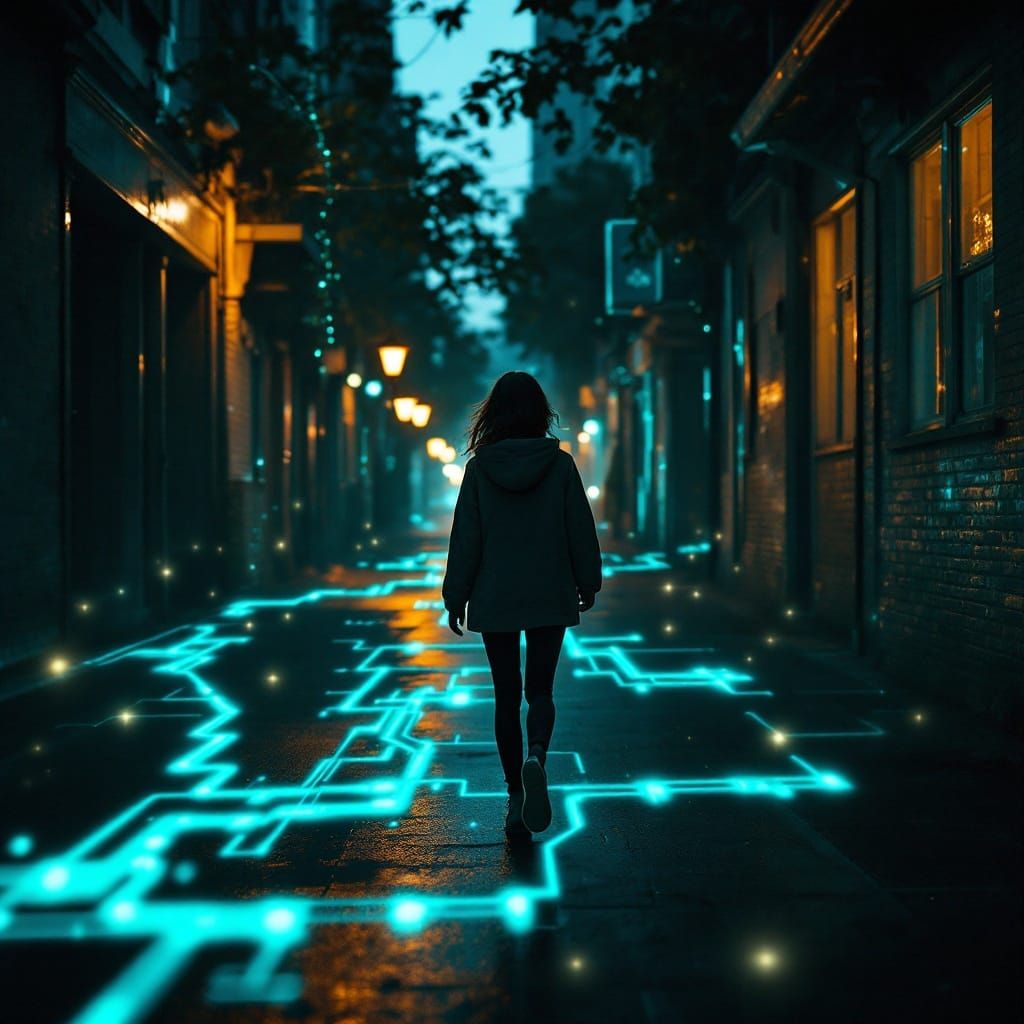 Figure in Glowing Circuit Overlay: Cyberpunk Pathways