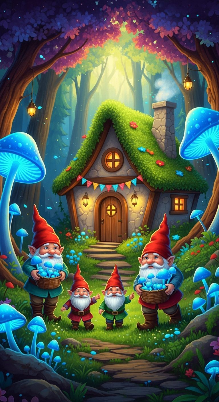 Joyful Gnome Family Harvesting Magical Mushrooms in Astral F...
