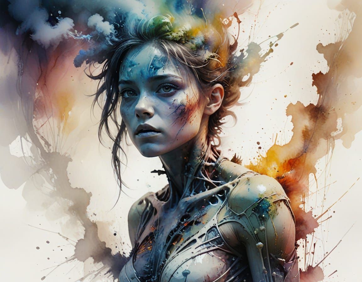 Survivor in Shock During Alien Attack: Watercolour Art